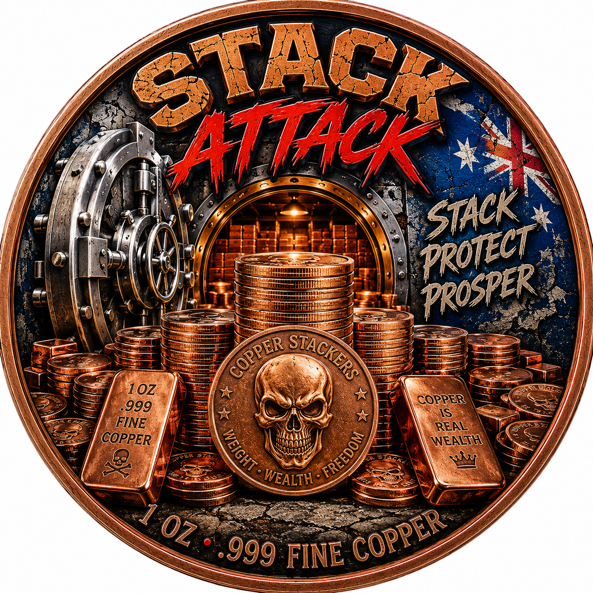 Stack Attack – Stack, Protect, Prosper – 1 oz .999 Fine Copper – Limited Mintage