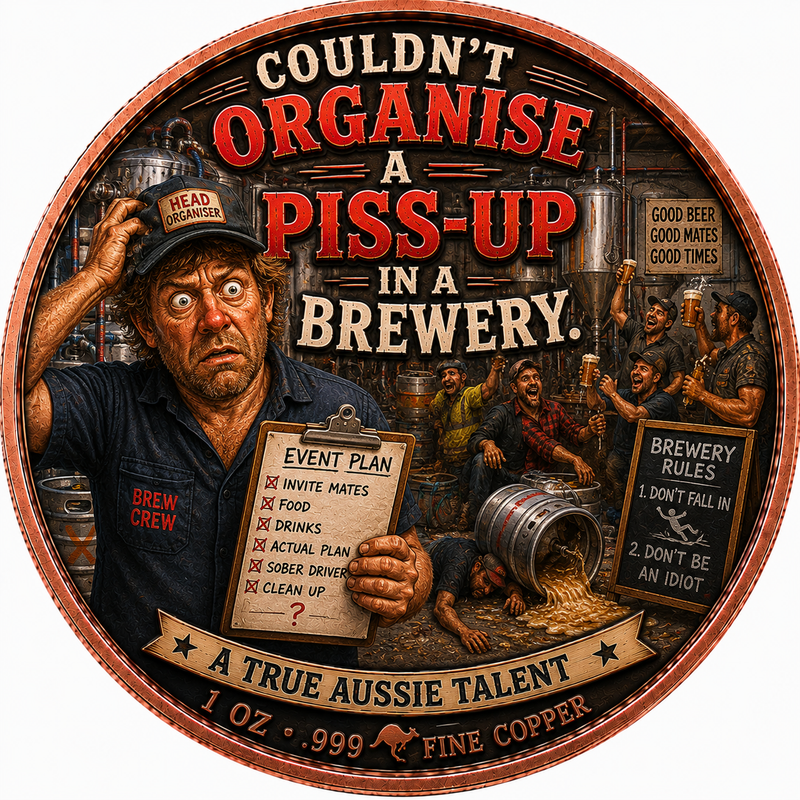 Couldn’t Organise a Piss-Up in a Brewery – 1 oz .999 Fine Copper – Limited Mintage
