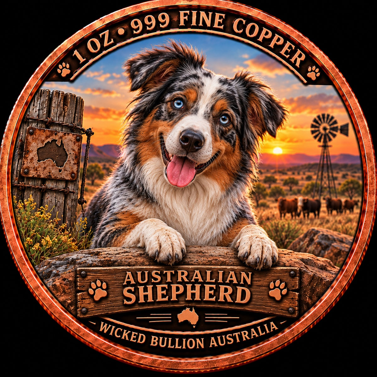 Australian Shepherd 1 oz .999 fine copper collector coin front