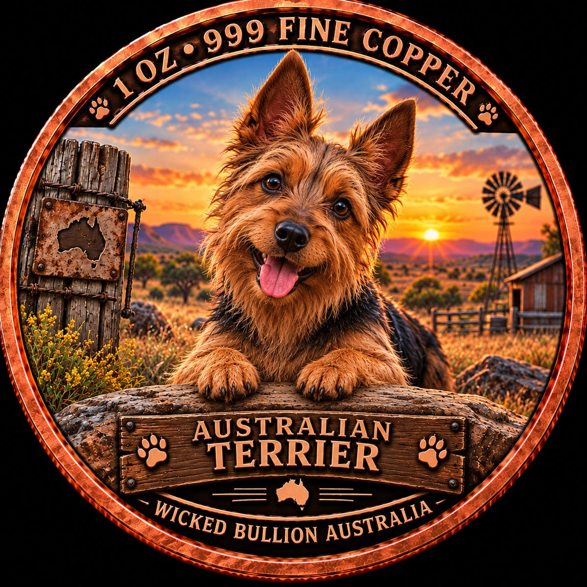 Australian Terrier 1 oz .999 fine copper collector coin front