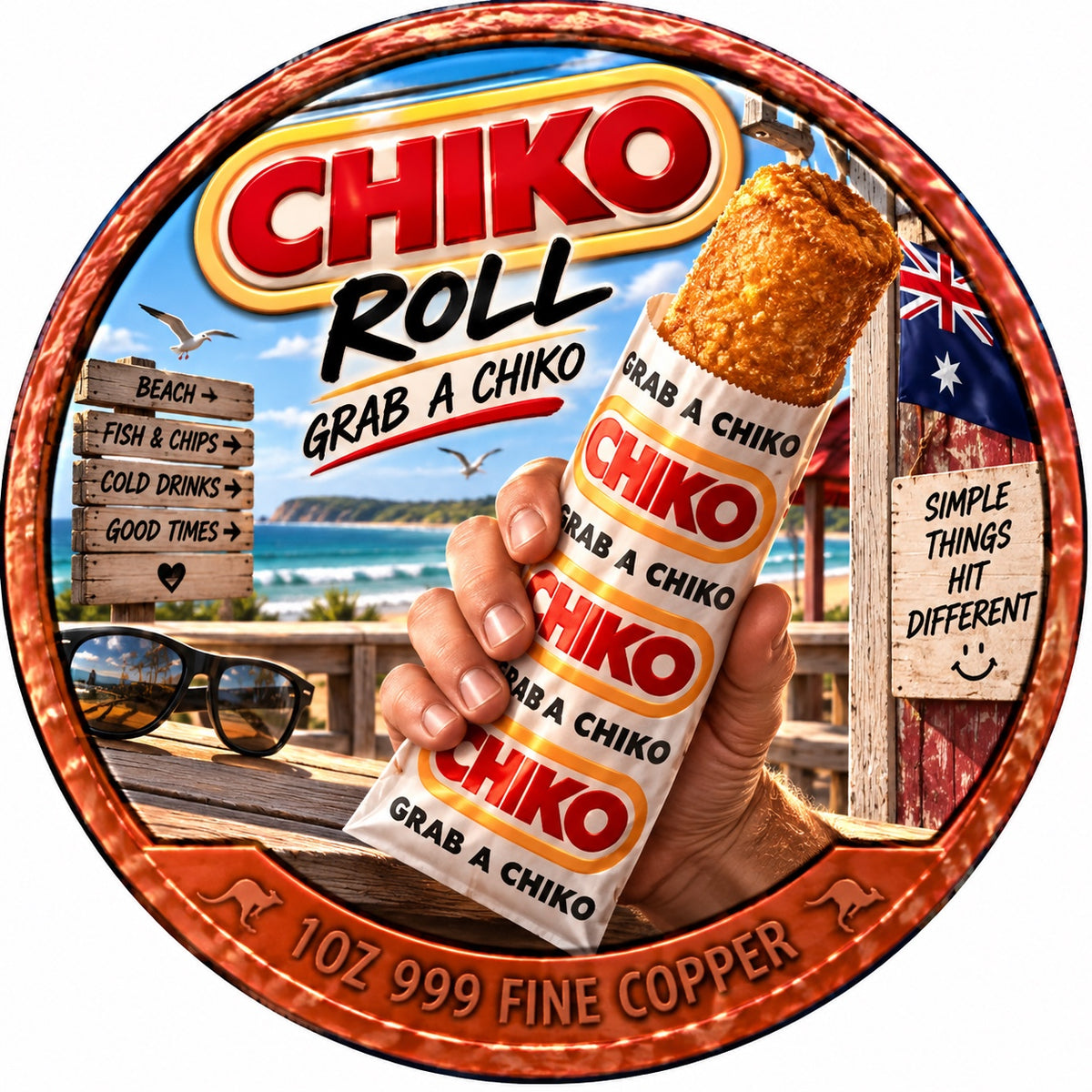 Chiko Roll Grab a Chiko 1 oz .999 fine copper collector coin front