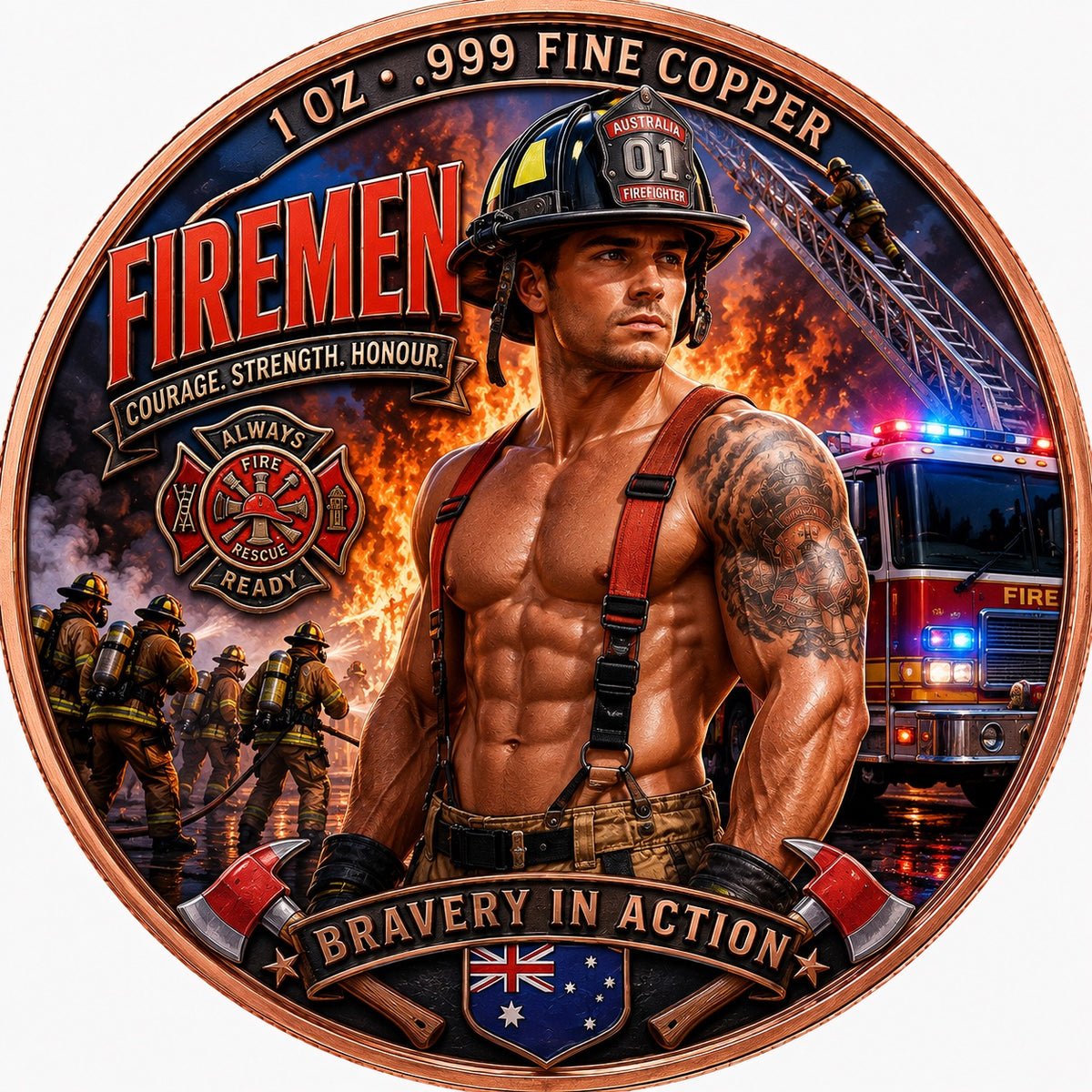 Firemen Bravery in Action 1 oz .999 fine copper collector coin front